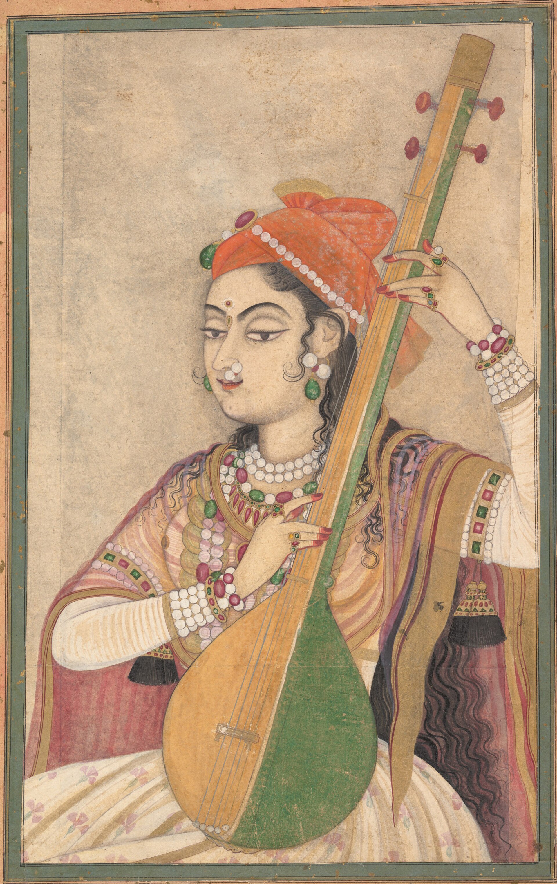 Historical Indian painting of a musician holding a tanpura, c. 1735